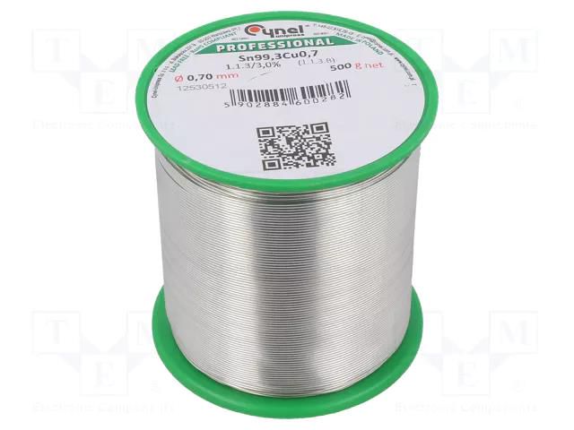 Tin; lead free; Sn99,3Cu0,7; 0.7mm; 500g; reel; 227°C; 3%; Flux: SW32 CYNEL SN99C-0.7/0.5