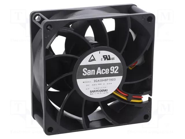 Fan: DC; axial; 48VDC; 92x92x38mm; 240m3/h; 63dBA; ball; 9700rpm SANYO DENKI 9GA0948P1H03