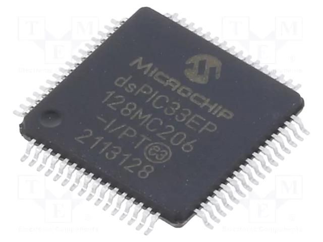 IC: dsPIC microcontroller; 128kB; 16kBSRAM; TQFP64; DSPIC; 0.5mm MICROCHIP TECHNOLOGY 33EP128MC206-I/PT