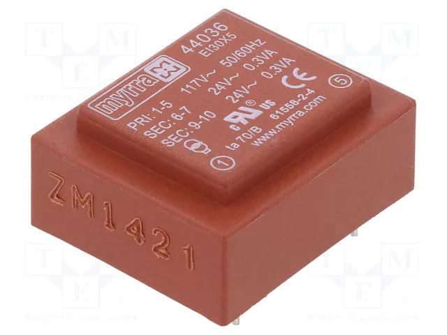 Transformer: encapsulated; 0.6VA; 117VAC; 24V; 24V; 12mA; 12mA; PCB MYRRA MYRRA-44036