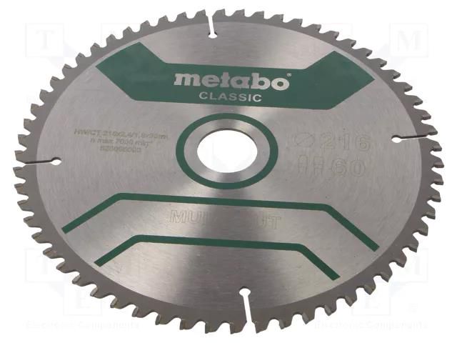 Circular saw; Ø: 216mm; Øhole: 30mm; Teeth: 60; Disc thick: 2.4mm METABO MTB.628066000