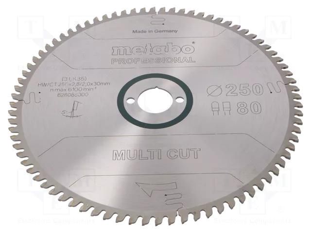 Circular saw; Ø: 250mm; Øhole: 30mm; Teeth: 80; Disc thick: 2.8mm METABO MTB.628088000