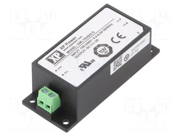Power supply: switching; for building in; 15W; 5VDC; 3A; OUT: 1 XP POWER EML15US05-S