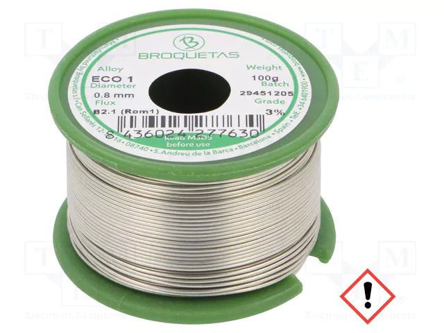 Tin; lead free; Sn99,3Cu0,7; 0.8mm; 0.1kg; reel; 220°C; Flux: SW26 BROQUETAS ECO1-08/01H
