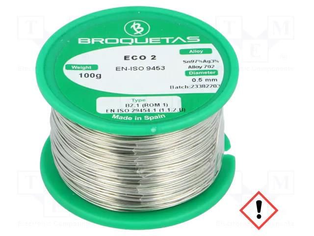 Tin; lead free; Sn97Ag3; 0.5mm; 100g; reel; 221°C; Flux: SW26 BROQUETAS ECO2-05/01H