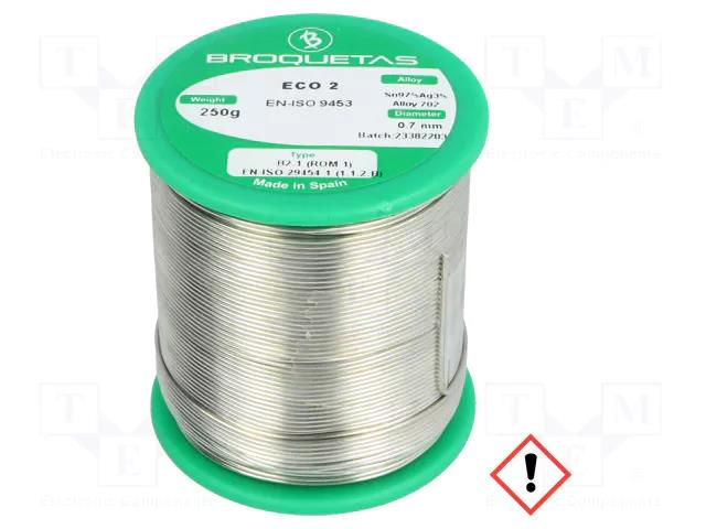 Tin; lead free; Sn97Ag3; 0.7mm; 250g; reel; 221°C; Flux: SW26 BROQUETAS ECO2-07/025H