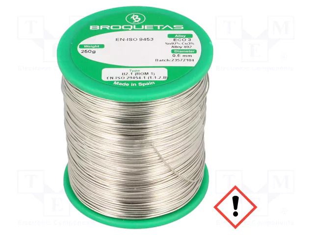 Tin; lead free; Sn97Cu3; 0.5mm; 250g; reel; 230°C; Flux: SW26 BROQUETAS ECO3-05/025H