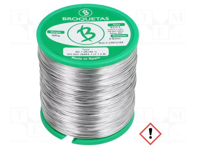 Tin; lead free; Sn97Cu3; 0.5mm; 500g; reel; 230°C; Flux: SW26 BROQUETAS ECO3-05/05H