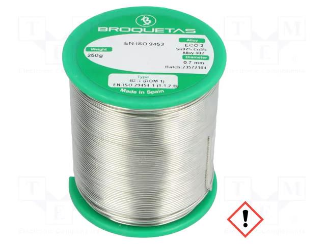 Tin; lead free; Sn97Cu3; 0.7mm; 250g; reel; 230°C; Flux: SW26 BROQUETAS ECO3-07/025H