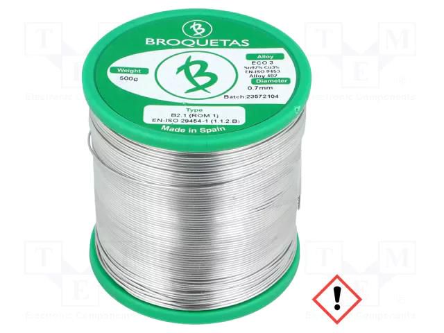 Tin; lead free; Sn97Cu3; 0.7mm; 500g; reel; 230°C; Flux: SW26 BROQUETAS ECO3-07/05H