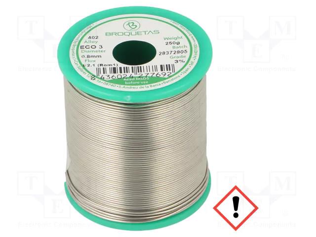 Tin; lead free; Sn97Cu3; 0.8mm; 250g; reel; 230°C; Flux: SW26 BROQUETAS ECO3-08/025H