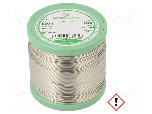 Tin; lead free; Sn97Cu3; 0.8mm; 500g; reel; 230°C; Flux: SW26 BROQUETAS ECO3-08/05H