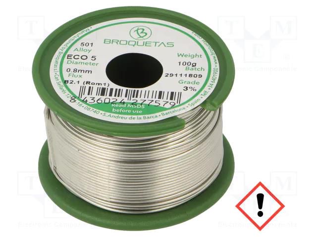 Tin; lead free; Sn99Ag0,3Cu0,7; 0.8mm; 0.1kg; reel; 217÷227°C BROQUETAS ECO5-08/01H