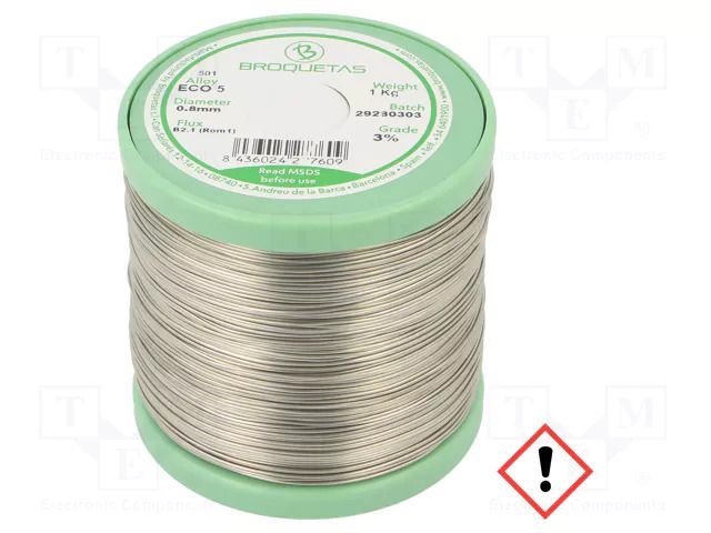 Tin; lead free; Sn99Ag0,3Cu0,7; 0.8mm; 1kg; reel; 217÷227°C BROQUETAS ECO5-08/10H