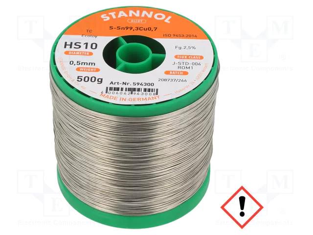 Tin; lead free; Sn99,3Cu0,7; 0.5mm; 0.5kg; reel; 227°C; Flux: SW26 STANNOL S99C1HS10/0.5/0.5