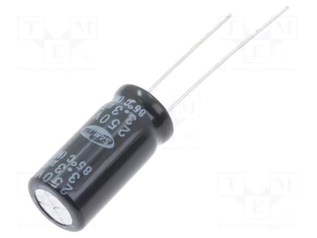 Capacitor: electrolytic; bipolar; THT; 3.3uF; 250VDC; Ø10x20mm SAMWHA NP2E335M10020PA