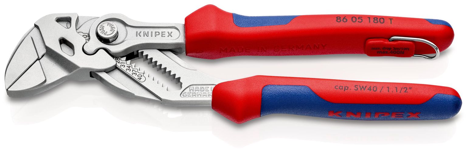 KNIPEX 86 05 180 T Pliers Wrench pliers and a wrench in a single tool with multi-component grips, with integrated tether attachment point for a tool tether chrome-plated 180 mm 86 05 180 T 4003773080121