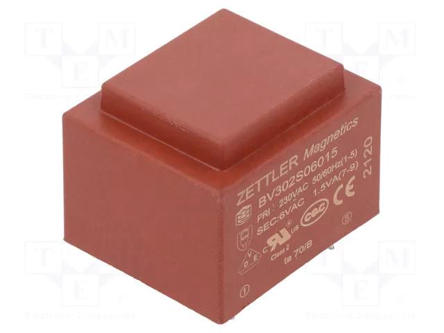 Transformer: encapsulated; 1.5VA; 230VAC; 6V; 250mA; PCB ZETTLER BV302S06015