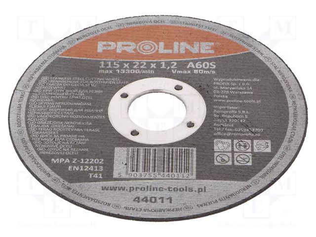 Cutting wheel; Ø: 115mm; Disc thick: 1.2mm; Holder: assembly hole PROLINE PRE-44011