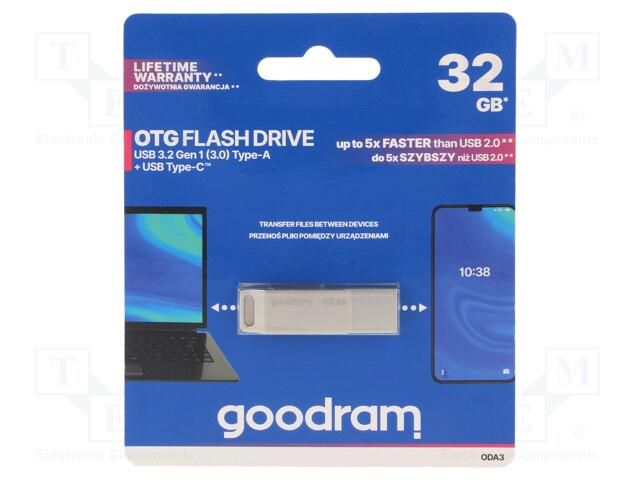 Pendrive; USB 3.2; 32GB; R: 60MB/s; W: 20MB/s; silver; USB A,USB C GOODRAM ODA3-0320S0R11