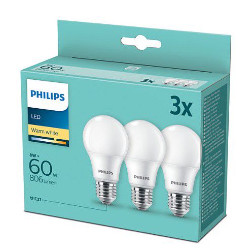 Светодиодная лампа 3tk E27 230Vac 8W (60W) 806lm, тёплый белый, Philips PHIL/775490 8718699775490