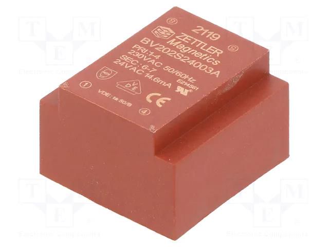 Transformer: encapsulated; 0.35VA; 230VAC; 24V; PCB; 24x16x23mm ZETTLER BV202S24003A