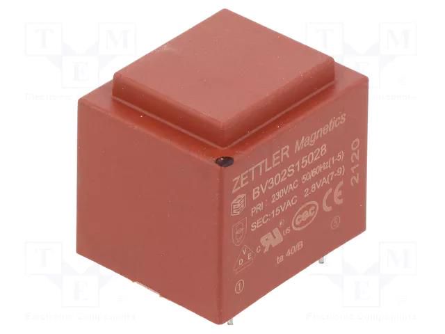 Transformer: encapsulated; 2.8VA; 230VAC; 15V; 187mA; PCB ZETTLER BV302S15028