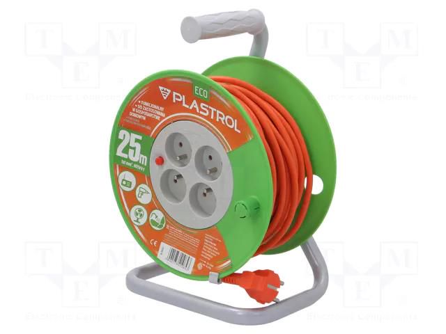 Extension lead; 3x1mm2; reel,Schuko; Sockets: 4; PVC; orange; 25m PLASTROL W-98947