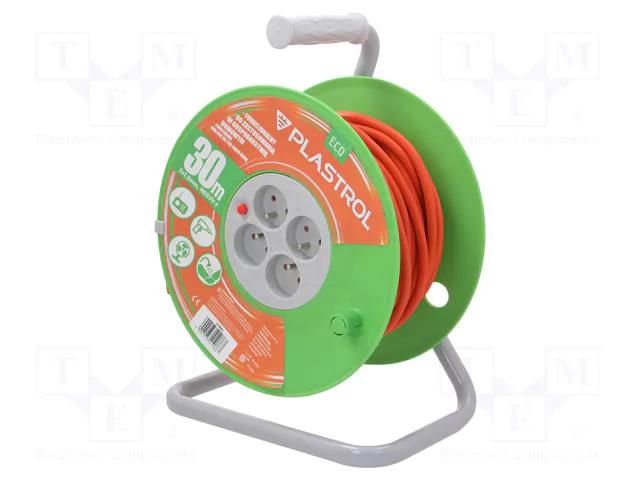 Extension lead; 3x1.5mm2; reel,Schuko; Sockets: 4; PVC; orange; 30m PLASTROL W-98949