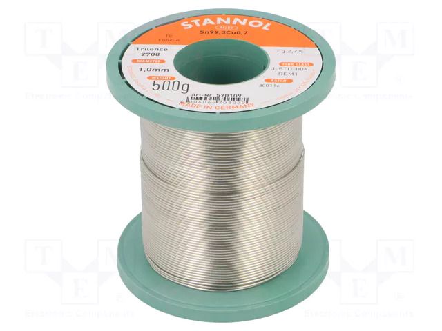 Tin; lead free; Sn99,3Cu0,7; 1mm; 500g; reel; 2.7%; Flux: SW26 STANNOL S99C1T2708/1.0/0.5