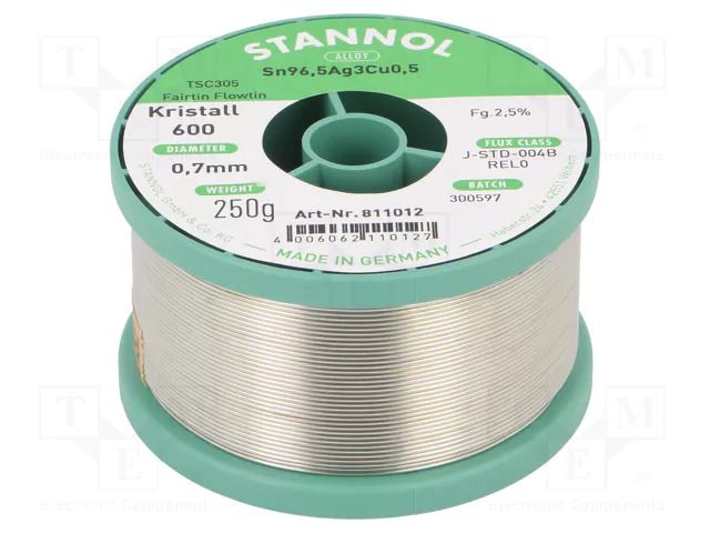 Tin; lead free; Sn96,5Ag3Cu0,5; 0.7mm; 250g; reel; 2.5%; Flux: SW33 STANNOL SN955K600/0.7/250