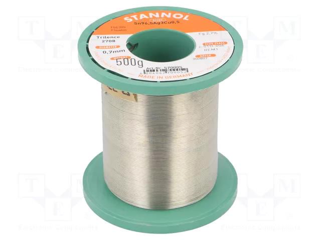 Tin; lead free; Sn96,5Ag3Cu0,5; 0.7mm; 500g; reel; 2.7%; Flux: SW26 STANNOL SN955T2708/0.7/0.5