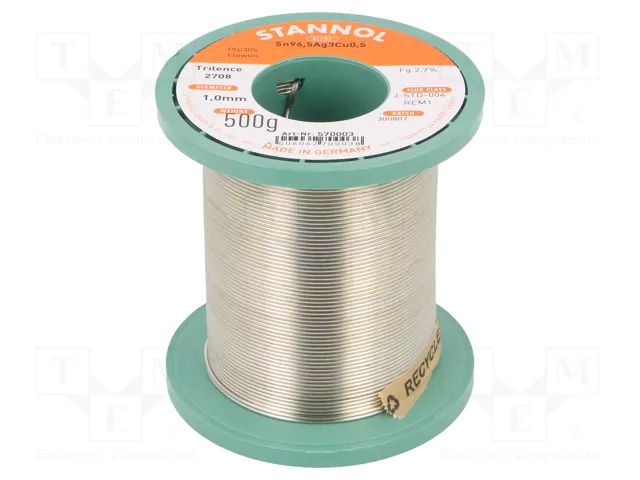 Tin; lead free; Sn96,5Ag3Cu0,5; 1mm; 500g; reel; 2.7%; Flux: SW26 STANNOL SN955T2708/1.0/0.5