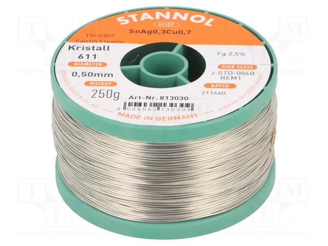Tin; lead free; Sn99Cu0,7Ag0,3; 0.5mm; 250g; reel; 2.5%; Flux: SW33 STANNOL TSC0307K611/05/250