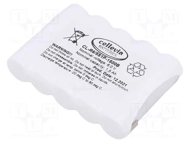 Re-battery: Ni-MH; AA; 6V; 1500mAh; soldering lugs; 71x15x52mm CELLEVIA BATTERIES CL-R6/5S1P-1500B