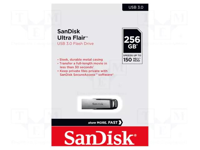 Pendrive; USB 3.0; 256GB; R: 150MB/s; ULTRA FLAIR; black; USB A SANDISK SDCZ73-256G-G46