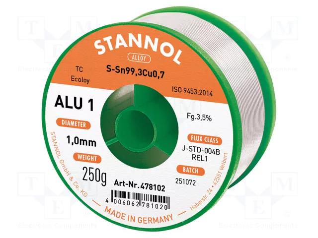 Tin; lead free; Sn99,3Cu0,7; 1mm; 250g; reel; 3.5%; Flux: SW26; ALU1 STANNOL S99C1ALU1/1.0/250