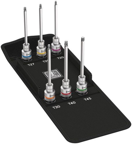 8767 C TORX® HF 2 Zyklop bit socket set with 1/2" drive, with holding function, 1 x TX 20x140.0; 1 x TX 25x140.0; 1 x TX 27x140.0; 1 x TX 30x140.0; 1 x TX 40x140.0; 1 x TX 45x140.0; 1 x 50.0x120.0, Wera 05004211001