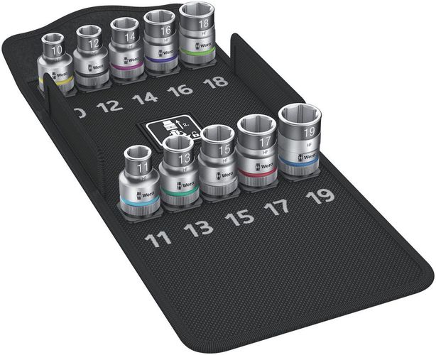 8790 HMC HF 1 Zyklop socket set with 1/2" drive, with holding function, 1 x 10.0x37.0; 1 x 11.0x37.0; 1 x 12.0x37.0; 1 x 13.0x37.0; 1 x 14.0x37.0; 1 x 15.0x37.0; 1 x 16.0x37.0; 1 x 17.0x37.0; 1 x 18.0x37.0; 1 x 19.0x37.0; 1 x 50.0x120.0, Wera 05004203001