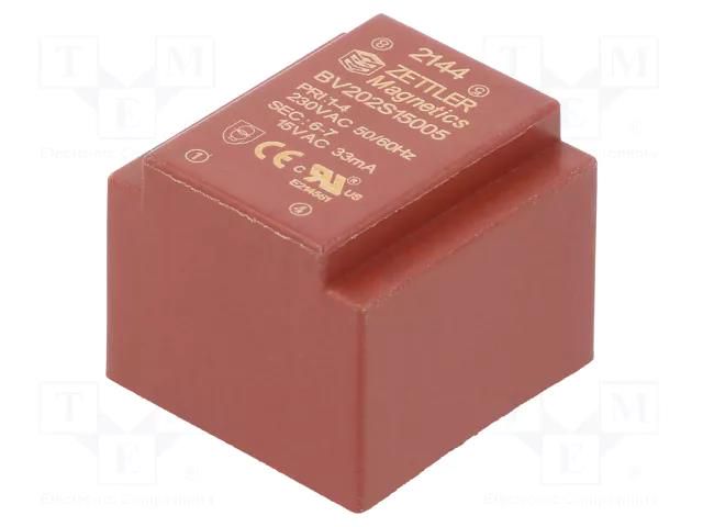 Transformer: encapsulated; 0.5VA; 230VAC; 15V; 33.3mA; PCB ZETTLER BV202S15005