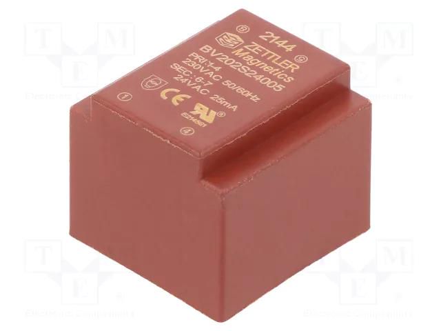 Transformer: encapsulated; 0.5VA; 230VAC; 24V; 20.8mA; PCB ZETTLER BV202S24005