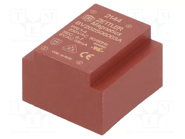Transformer: encapsulated; 0.35VA; 230VAC; 6V; PCB; 24x16x23mm ZETTLER BV202S06003A