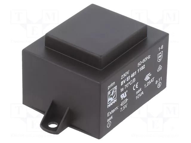 Transformer: encapsulated; 10VA; 230VAC; 7.5V; 1333mA; PCB; BVEI HAHN BVEI4811182