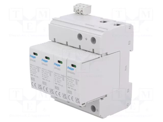 Surge arrester; Type 1+2; Poles: 4; 50kA; for DIN rail mounting HAGER SPA931