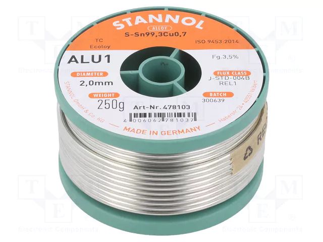 Tin; lead free; Sn99,3Cu0,7; 2mm; 250g; reel; 3.5%; Flux: SW26; ALU1 STANNOL S99C1ALU1/2.0/250