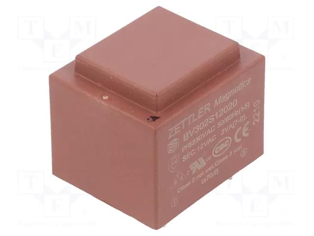 Transformer: encapsulated; 2VA; 230VAC; 12V; 167mA; PCB ZETTLER BV302S12020
