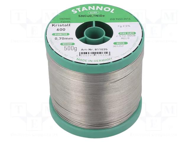 Tin; lead free; Sn99,3Cu0,7+NiGe; 0.7mm; 500g; reel; 2.5% STANNOL SN100K600/0.7/0.5