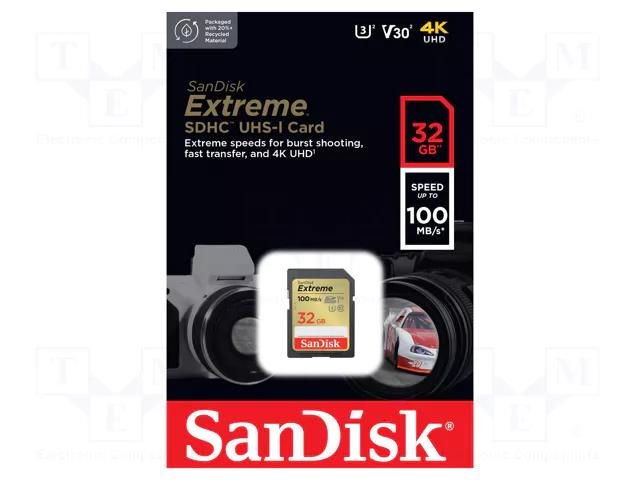 Memory card; Extreme; SDHC; R: 100MB/s; W: 60MB/s; UHS I U3 V30 SANDISK SDSDXVT-032G-GNCIN