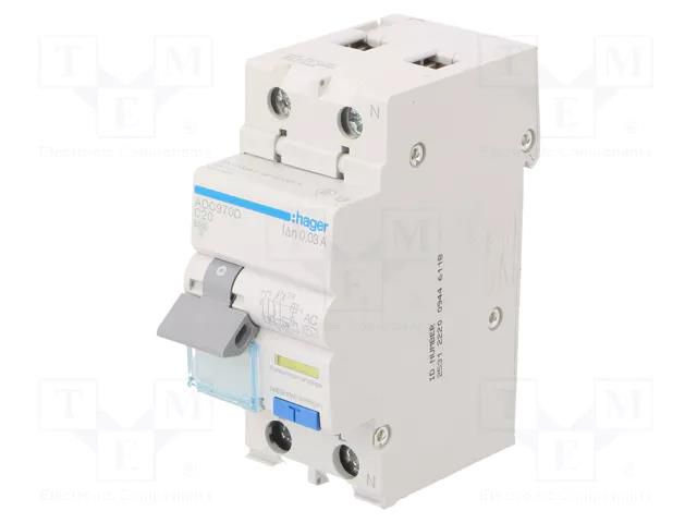 RCBO breaker; Inom: 20A; Ires: 30mA; Max surge current: 250A; IP20 HAGER ADC970D