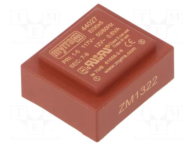 Transformer: encapsulated; 0.6VA; 117VAC; 12V; 50mA; PCB MYRRA MYRRA-44027